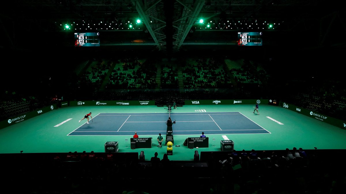 France's Arthur Rinderknech in action during his Davis Cup Final 8 singles match against Belgium's Zizou Bergs at Unipol Arena, Bologna, Italy, Nov. 18, 2025. (Reuters Photo)