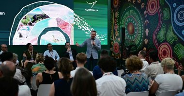 Australian Climate Change and Energy Minister Chris Bowen speaks at Australia&#039;s pavilion during the COP30 U.N. Climate Change Conference, Belem, Brazil, Nov. 17, 2025. (AFP Photo)