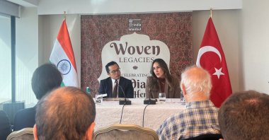 Consul General of India Mijito Vinito and curator Serra Oruç speak during the press briefing, Istanbul, Türkiye, Nov. 19, 2025. (Photo by Betül Tilmaç)