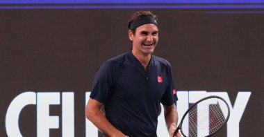 Roger Federer, Swiss former tennis player laughs as he plays at the Roger and Friends Celebrity Doubles during the Shanghai Masters tennis tournament at Qizhong Forest Sports City Tennis Center, Shanghai, China, Oct. 10, 2025. (AP Photo)