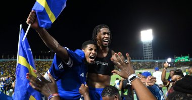 Curaçao players and fans celebrate World Cup 2026 qualification after a 0-0 draw with Jamaica at the National Stadium, Kingston, Jamaica, Nov. 18, 2025. (AFP Photo)