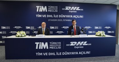 Türkiye Exporters Assembly (TIM) Chair Mustafa Gültepe (L) and DHL Express Türkiye CEO Volkan Demiroğlu attend a press event in Istanbul, Türkiye, Nov. 19, 2025. (AA Photo)