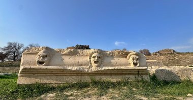 Five theatrical mask reliefs have been discovered during excavations in the theater area of Kastabala, Osmaniye, southern Türkiye, Dec. 6, 2025. (AA Photo)