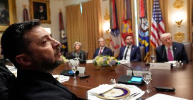 President Donald Trump (R) speaks before a lunch with Ukraine&#039;s President Volodymyr Zelenskyy (L) in the Cabinet Room of the White House, in Washington D.C., U.S., Oct. 17, 2025. (AP Photo)