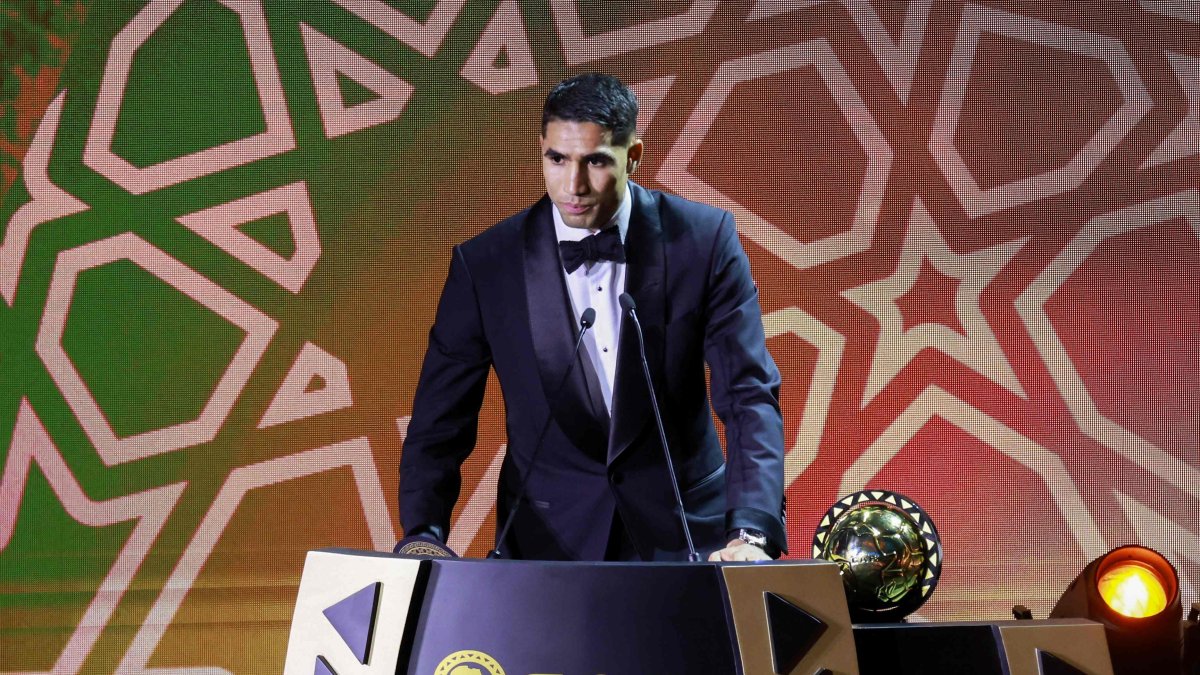 Paris Saint-Germain's Moroccan defender Achraf Hakimi speaks after receiving the Africa Player of the Year award during the 2025 Confederation of African Football (CAF) Awards, Sale, Morocco, Nov. 19, 2025. (AFP Photo)