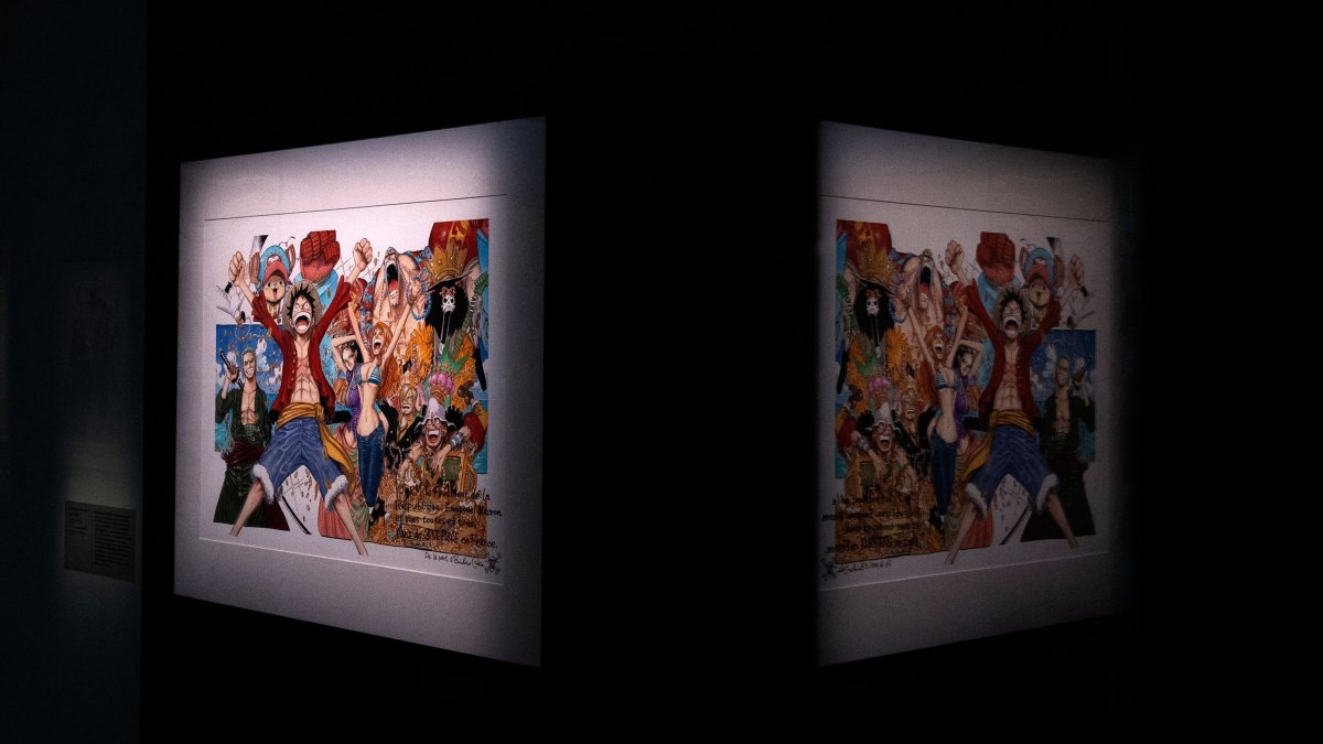 A drawing of "One Piece," a gift to the French president by Japanese manga artist Eiichiro Oda, is on display during a press visit to the exhibition "Manga, tout un art!" at the Guimet Museum (Musee national des arts asiatiques-Guimet), Paris, France, Nov. 18, 2025. (AFP Photo)