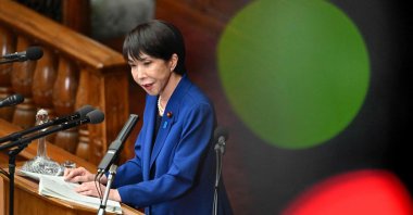 Japanese Prime Minister Sanae Takaichi delivers a speech at the House of Representatives plenary session, Tokyo, Japan, Oct. 24, 2025. (AFP Photo)