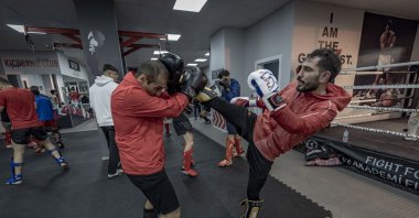Turkish kickboxer Emre Karaca (R) trains for the World Kickboxing Championships in the United Arab Emirates, Erzurum, Türkiye, Nov. 12, 2025. (AA Photo)