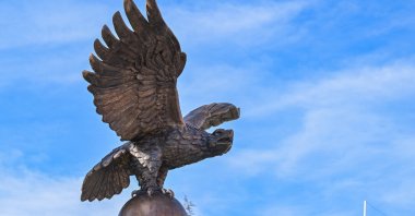 The “Tugrul Bird” statue is unveiled at the corner of the Hungarian Embassy residence facing Atatürk Boulevard, Ankara, Türkiye, Nov. 18, 2025. (AA Photo)