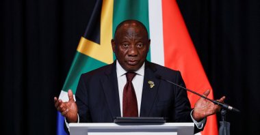 South Africa&#039;s President Cyril Ramaphosa gestures during a news conference with European Commission President Ursula von der Leyen and European Council President Antonio Costa at the end of a South Africa-EU leaders meeting, ahead of the G-20 Summit, in Johannesburg, South Africa, Nov. 20, 2025. (Reuters Photo)