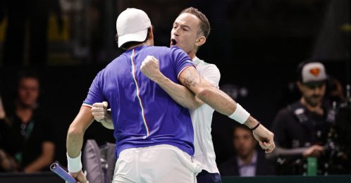 Italy tennis player Matteo Berrettini celebrates with Filippo Volandri the victory in his singles tennis match against Austrian player Jurij Rodionov during the Davis Cup 2025 Final 8 at Fiere Exhibition Centre, Bologna, Italy, Nov. 19, 2025. (EPA Photo)