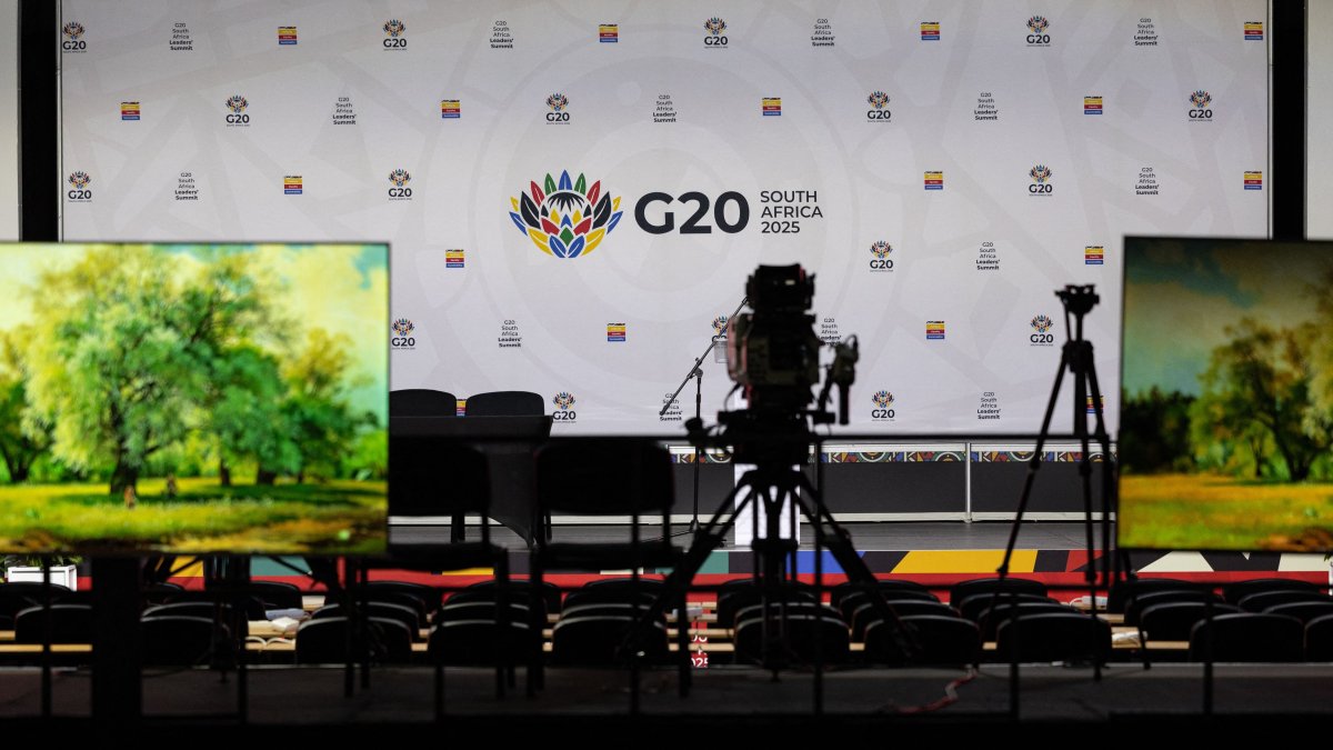 A general view of the G-20 South Africa logo ahead of the G-20 leaders’ summit at the Nasrec Expo Centre, Johannesburg, South Africa, Nov. 18, 2025. (AFP Photo)