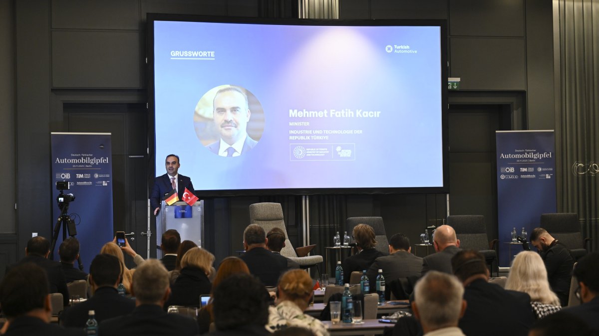 Industry and Technology Minister Mehmet Fatih Kacır speaks during the German-Turkish Automobile Summit, Berlin, Germany, Nov. 20, 2025. (AA Photo)