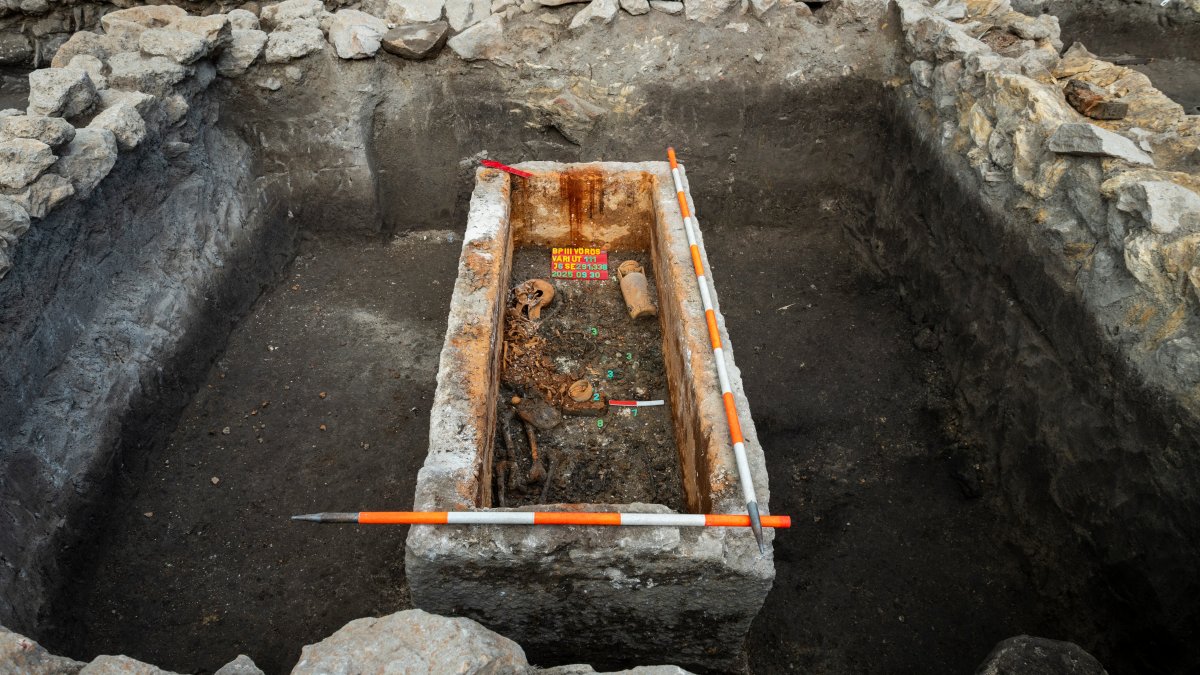 The intact Roman sarcophagus after its lid was lifted at an archeological site, Budapest, Hungary, Sept. 30, 2025. (Budapest History Museum Handout via AP Photo)