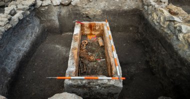 The intact Roman sarcophagus after its lid was lifted at an archeological site, Budapest, Hungary, Sept. 30, 2025. (Budapest History Museum Handout via AP Photo)