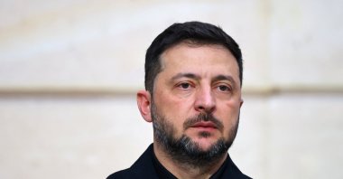 Ukrainian President Volodymyr Zelenskyy attends a joint press conference with the French president at the Elysee Palace in Paris, France, Nov. 17, 2025. (EPA PHoto)