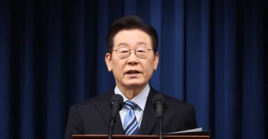 South Korean President Lee Jae Myung speaks during a news conference at the Presidential Office in Seoul, Nov. 14, 2025. (AFP Photo)