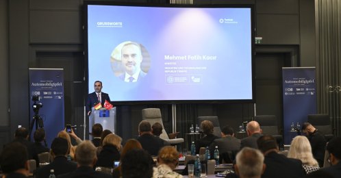 Industry and Technology Minister Mehmet Fatih Kacır speaks during the German-Turkish Automobile Summit, Berlin, Germany, Nov. 20, 2025. (AA Photo)