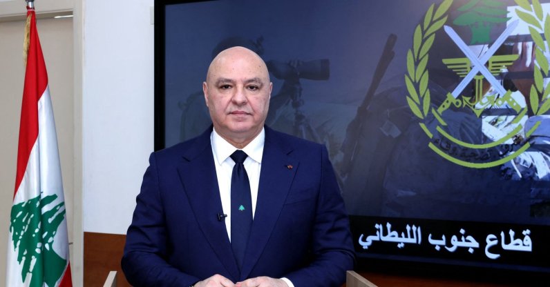  Lebanon&#039;s President Joseph Aoun addresses the nation on the eve of Independence Day in a televised speech from the Lebanese Army&#039;s South Litani Sector Command headquarters in Tyre, Nov. 21, 2025. (Photo by Lebanese Presidency via AFP)