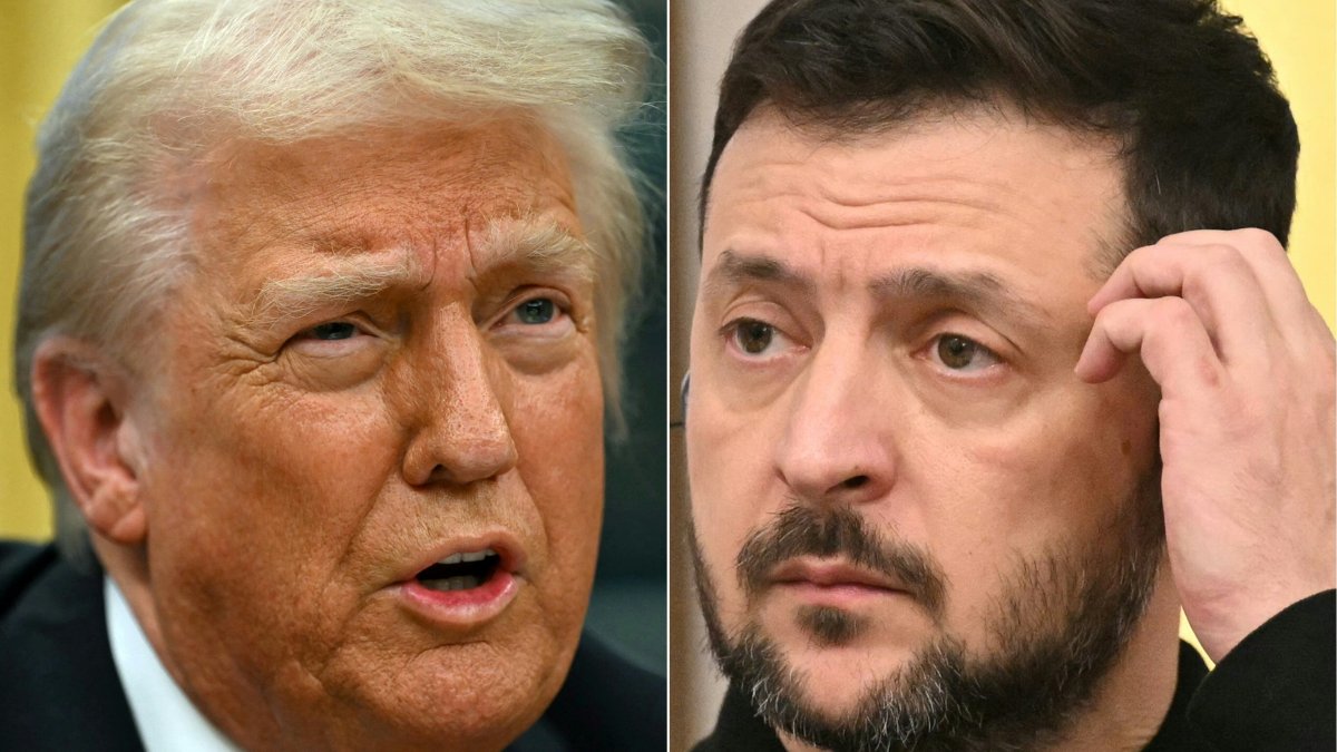 This combination of pictures shows U.S. President Donald Trump on Feb. 10, 2025, in Washington, D.C. and Ukraine's President Volodymyr Zelenskyy in Warsaw, Poland on Jan. 15, 2025. (AFP Photo)
