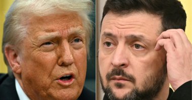 This combination of pictures shows U.S. President Donald Trump on Feb. 10, 2025, in Washington, D.C. and Ukraine&#039;s President Volodymyr Zelenskyy in Warsaw, Poland on Jan. 15, 2025. (AFP Photo)