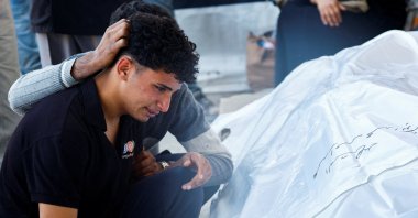 Palestinians mourn their loved ones killed in Saturday&#039;s Israeli strikes, in Al-Aqsa Martyrs Hospital, in Deir al-Balah, central Gaza Strip, Palestine, Nov. 23, 2025. (Reuters Photo)