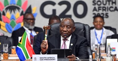 South African President Cyril Ramaphosa at the closing ceremony of the G-20 Leaders&#039; Summit in Johannesburg, South Africa, Nov. 23, 2025. (EPA Photo)