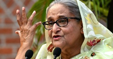 Bangladesh&#039;s Prime Minister Sheikh Hasina gestures while speaking to the media, a day after she won the 12th parliamentary elections, in Dhaka, Bangladesh, Jan. 8, 2024. (AFP Photo)