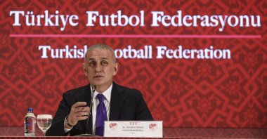 Turkish Football Federation (TFF) President Ibrahim Hacıosmanoğlu speaks during a press conference at the TFF Riva Facility in Istanbul, Türkiye, Nov. 24, 2025. (EPA Photo)