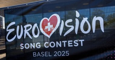 A logo of the Eurovision Song Contest is seen in front of St. Jakobshalle, Basel, Switzerland, May 1, 2025. (Reuters Photo)