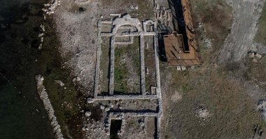 The remains of the sunken Byzantine Basilica of the Holy Fathers on the shore of Lake Iznik, Iznik, Bursa, Türkiye, Oct. 31, 2025. (AFP Photo)