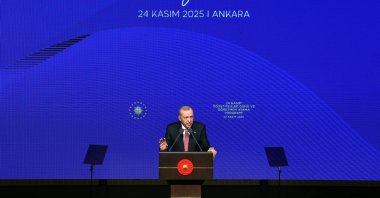 President Recep Tayyip Erdoğan delivers a speech at the Teachers’ Day and teacher appointment program held at Beştepe National Library, Ankara, Türkiye, Nov. 24, 2025. (AA Photo)
