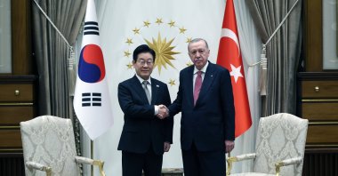 President Recep Tayyip Erdoğan shakes hands with South Korean President Lee Jae Myung during their meeting at the Presidential Complex in Ankara, Nov. 24, 2025. (EPA via Presidency)