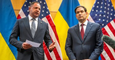 Head of the Office of the President of Ukraine Andriy Yermak (L) and U.S. Secretary of State Marco Rubio talk to the press as their consultations continue at the U.S. Mission to International Organizations in Geneva, Switzerland, Nov. 23, 2025. (AP Photo)