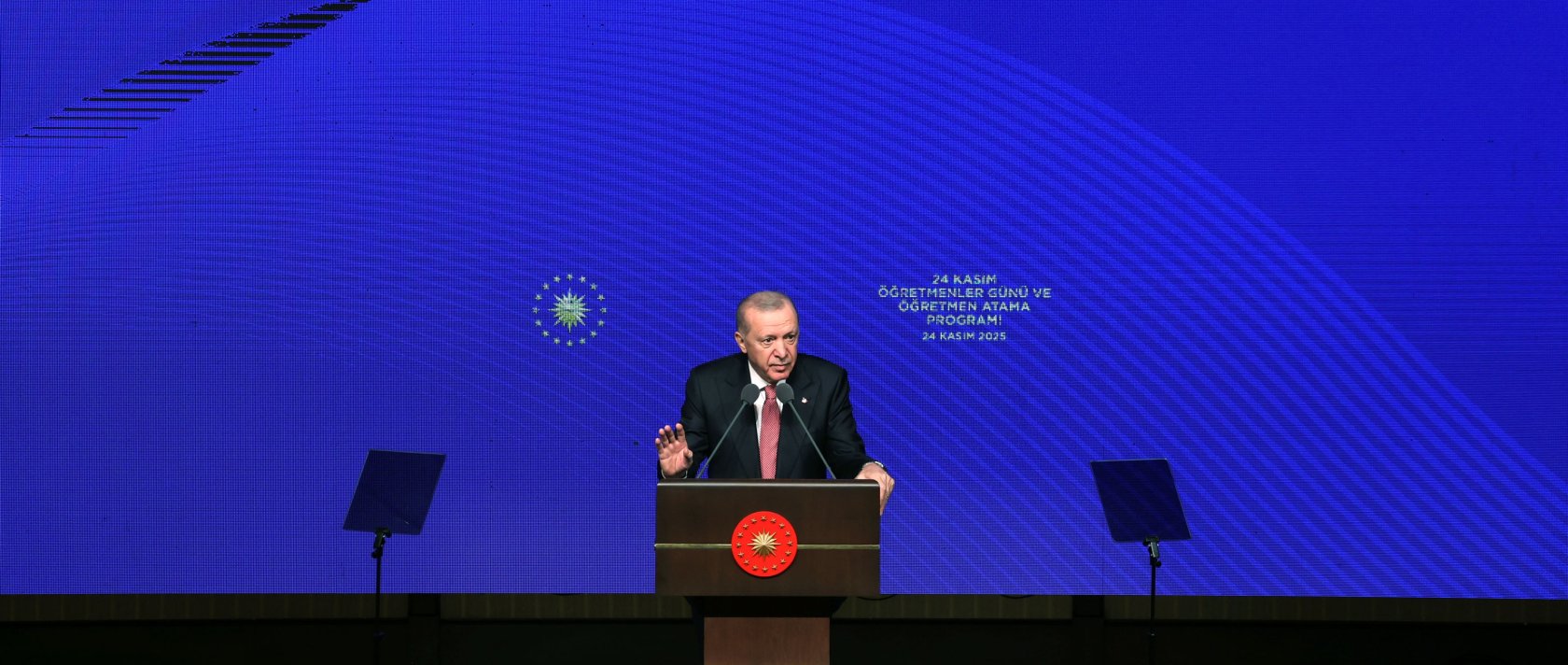 President Recep Tayyip Erdoğan delivers a speech at the Teachers’ Day and teacher appointment program held at Beştepe National Library, Ankara, Türkiye, Nov. 24, 2025. (AA Photo)