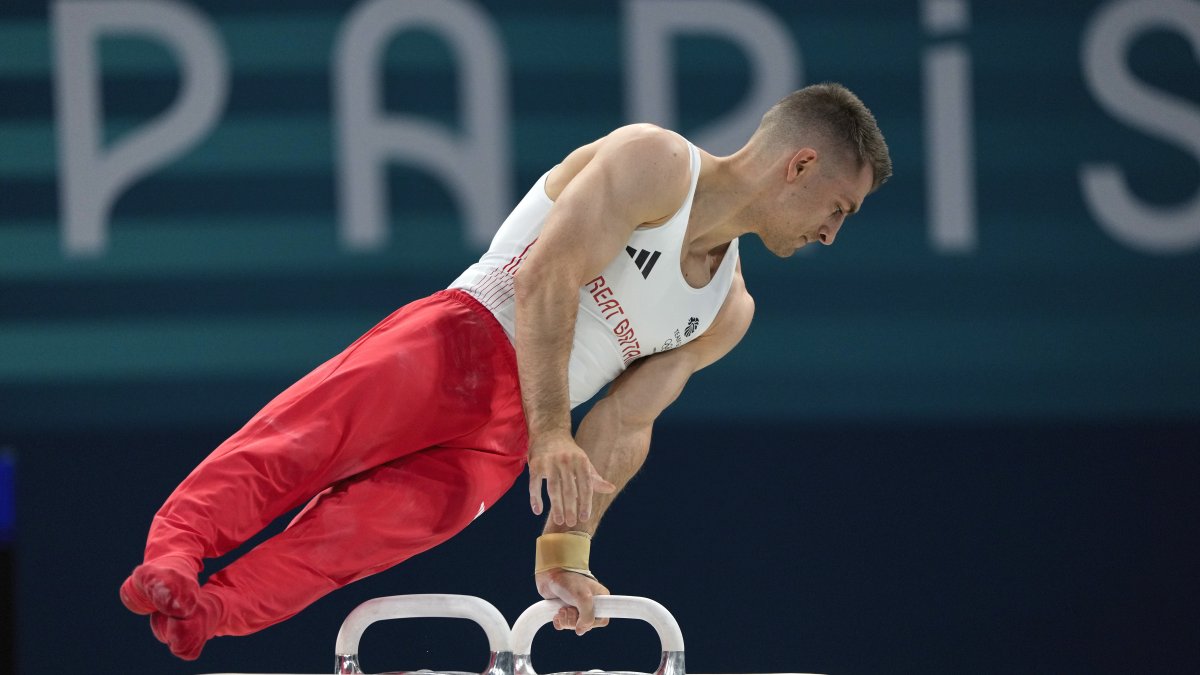 U.K.'s Max Whitlock competes during the men's artistic gymnastics individual pommel finals at Bercy Arena at the 2024 Summer Olympics, Paris, France, Aug. 3, 2024. (AP Photo)