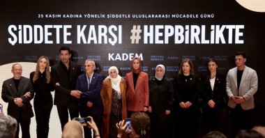 Sümeyye Erdoğan Bayraktar (C) and families of violence victims pose together, united in solidarity and commitment to ending violence against women, Istanbul, Türkiye, Nov. 24. 2025. (Courtesy of KADEM)