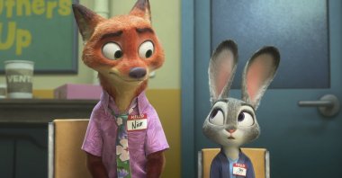Nick Wilde (L), voiced by Jason Bateman, and Judy Hopps, voiced by Ginnifer Goodwin, in a scene from &quot;Zootopia 2.&quot; (Disney Handout via AP Photo)