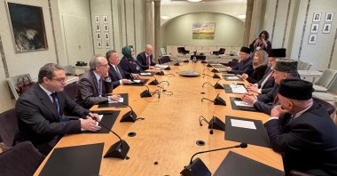 The meeting of the Turkish delegation led by Fuat Oktay (3rd L) and the Mejlis of the Crimean Tatar people (3rd R), Stockholm, Sweden, Nov. 24, 2025. (AA Photo)