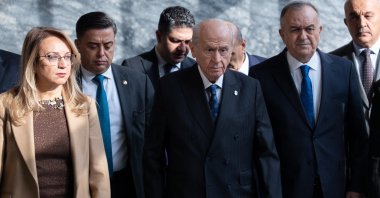 Nationalist Movement Party (MHP) leader Devlet Bahçeli (2nd R) walks to the meeting of his party at Parliament, Ankara, Türkiye, Nov. 25, 2025. (AA Photo)