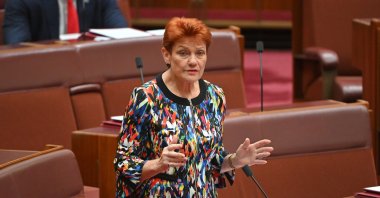 One Nation Leader Pauline Hanson speaks in the Senate chamber at Parliament House in Canberra, Australia, Nov. 25, 2025. (EPA Photo)