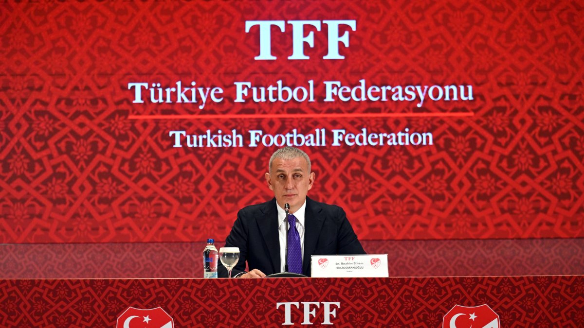 Turkish Football Federation (TFF) President Ibrahim Hacıosmanoğlu speaks during a press conference at the TFF Riva Facility in Istanbul, Türkiye, Nov. 24, 2025. (EPA Photo)