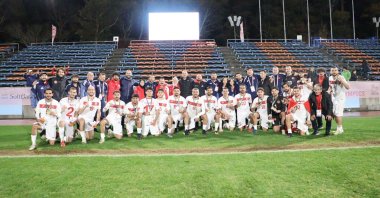 Türkiye’s deaf men’s national football team celebrates their historic gold medal victory at the 25th Summer Deaflympics, defeating host nation Japan in the final, Fukushima, Japan, Nov. 25, 2025. (DHA Photo)
