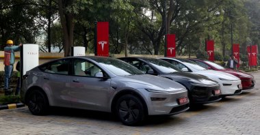 Tesla Model Y cars are parked outside the newly launched Tesla centre, Gurugram, India, Nov. 26, 2025. (Reuters Photo)