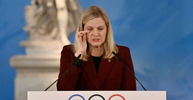 Executive Board and the IOC President, Kirsty Coventry, reacts as she gives a speech during the flame lighting ceremony of the Olympic flame for the Olympic Winter Games Milano Cortina 2026, at the Museum of ancient Olympia, Olympia, Greece, Nov. 26, 2025. (AFP Photo)
