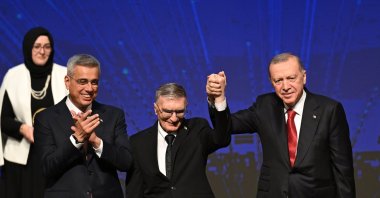 President Recep Tayyip Erdoğan poses with Nobel laureate Aziz Sancar (2nd L) at the event, Ankara, Türkiye, Nov. 26, 2025. (AA Photo)