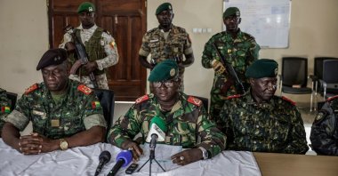 Brigadier General Denis N&amp;amp;#039;Canha (C), head of the military office of the presidency gives a press conference at the General Staff of the Armed Forces, Bissau, Guinea-Bissau, Nov. 26, 2025. (AFP Photo)