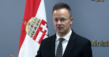 Hungarian Foreign Minister Peter Szijjarto speaks during a joint press conference with his Lebanese counterpart (not pictured) following their meeting at the Lebanese Foreign Ministry in Beirut, Lebanon, Nov. 14, 2025. (EPA Photo)