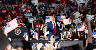U.S. President Donald Trump dances as he attends a rally held to celebrate his 100 days in office in Warren, Michigan, U.S., April 29, 2025. (EPA Photo)