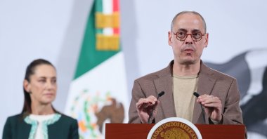 Jose Merino (R), head of the Digital Transformation and Telecommunications Agency, speaks during a press conference at the National Palace in Mexico City, Mexico, Nov. 26, 2025. (EPA Photo)